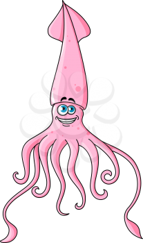 Pink squid cartoon character with funny long head and happy face for fairytale, seafood or underwater wildlife design