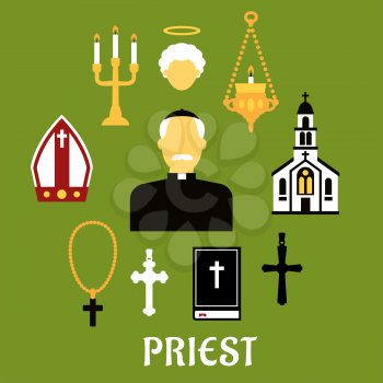Priest profession flat concept with catholic priest in black robe, clerical collar and zucchetto encircled by church building, crosses, bible, mitre, candelabras and angel silhouette