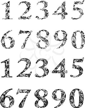 Elegant floral black and white numbers with dainty flowers and curly foliage ornament for decoration or education design