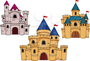 Fairytale fortified castles with watchtowers, turrets, roofs and red flags for childish interior or book design. Cartoon style