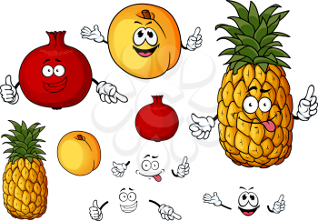 Ripe fresh peach, pineapple, pomegranate fruits cartoon characters with funny faces for agriculture design isolated on white background