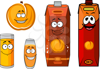 Sunny sweet peach juice cartoon characters with ripe orange peach fruit, bright juice packs and glasses with yellow beverages for food pack or drink design