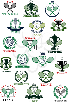 Tennis heraldic emblems with balls, rackets, trophy cups bordered by courts, shields, wreaths and ribbon banners with decorative elements