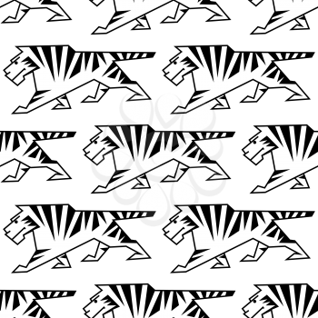 African wild tigers seamless pattern in outline style on white background for wallpaper or textile design