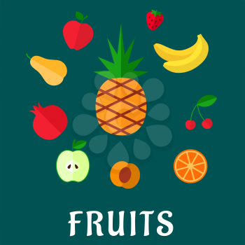 Fresh fruits icons in flat style with tropical pineapple,  surrounded with whole and sliced apples, orange, apricot, bananas, pear, pomegranate, strawberry and cherry