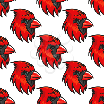 Cardinal bird red heads seamless pattern with crest and black mask in cartoon style for holiday or textile design