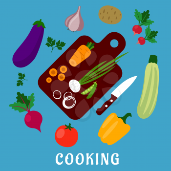 Cooking process of a vegetable vegetarian salad with knife, chopping board and tomato, carrot, green pea, onion, potato, bell pepper, garlic, radish, beet, eggplant, zucchini, parsley. Flat style