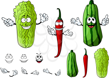 Mexican hot red chili pepper, chinese cabbage or napa and striped zucchini vegetables cartoon characters with cheerful faces for agriculture or healthy vegetarian food design