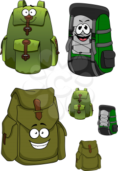 Travel green backpacks cartoon characters with many pockets, cord lacing and happy faces for travelling or hiking design