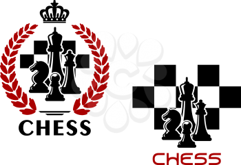 Chess heraldic emblems with black silhouettes of kings, queens, knights and pawns chessmen on chessboard background and second variant supplemented by laurel wreath and crown