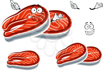 Fresh red salmon steak cartoon character with silver skin and happy face, showing upward gesture, for seafood design