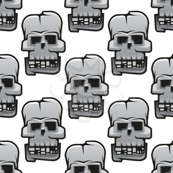 Seamless pattern of cracked old human skulls in cartoon style with damaged teeth for background or Halloween party decoration design