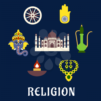 Indian religion and culture flat symbols with Ganesha God, national flag element ashoka Chakra wheel, hamsa hand amulet, brass teapot, ethnic jewelry, Diwali lamp and Taj Mahal