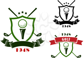 Golf heraldic emblems in retro style with shields, golf balls on start position and crossed clubs behind, decorated with stars and ribbon banners