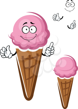 Cartoon scoop of strawberry ice cream character in crunchy waffle cone show upward gesture isolated on white background