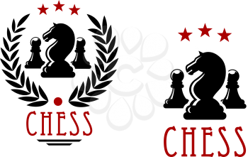 Chessman of black knights and pawns in chess tournament emblems design decorated by laurel wreath and stars
