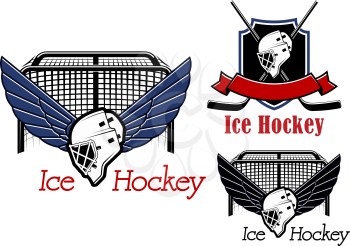 Ice hockey emblems and icons with hockey gate, winged goalie mask and heraldic shield, crossed stick, helmet and ribbon banner for sports game design