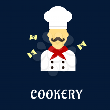 Cookery concept in flat style with male chef with retro curled mustache in professional uniform toque, tunic and red neckerchief surrounded farfalle pasta bow ties