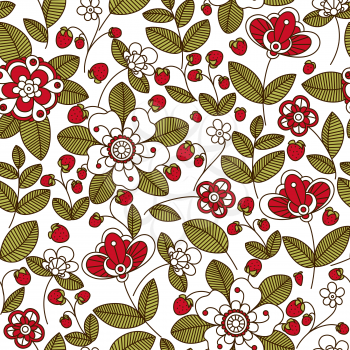 Wild strawberry floral seamless pattern with stylized red and white flowers and red berries on background for interior or fabric design