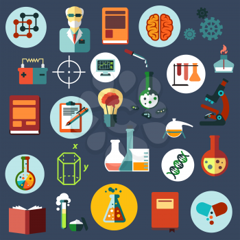 Science and research flat icons with scientist, laboratory flasks, tubes and burner, microscope, books, idea light bulb, brain, DNA, computer, battery, capsule, notes, geometric figures and gears