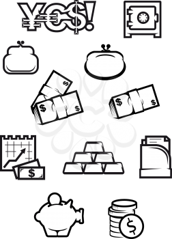 Money and finance icons in outline style with currency signs, safe, purses, dollar banknotes, report with growing profit, gold bars, documents, piggy bank and stack of coins