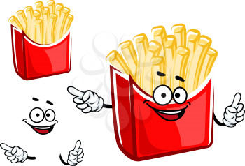 Funny french fries box cartoon character with takeaway red box with classic shaped crispy potato isolated on white background. For fast food design