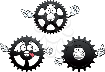Funny mechanical gears cartoon characters with cogwheels and pinions showing pointing gestures. Isolated on white background