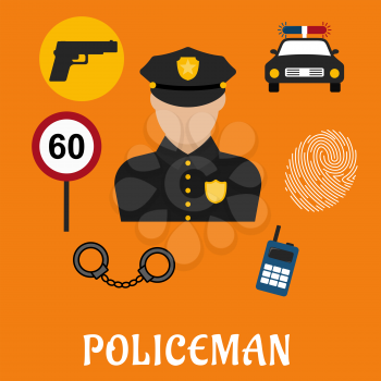 Policeman profession concept with officer in black uniform surrounded by police car, portable radio transceiver, fingerprint, handcuffs, gun and speed limit sign