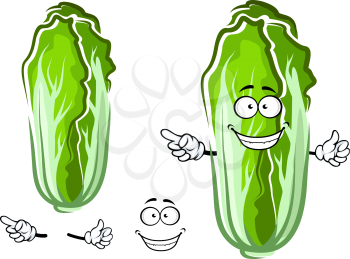 Cartoon fresh chinese cabbage vegetable character with wrinkled green leaves, cheerful smiling face and pointing hand gesture
