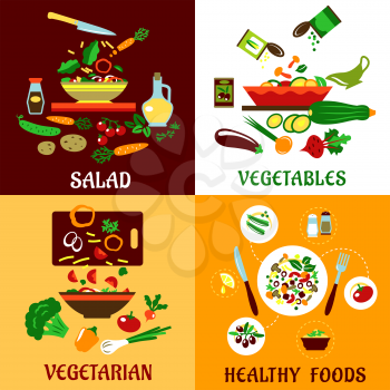 Healthy vegetarian food design with cooking process, fresh and preserved vegetables, served dinner with cutlery and ingredient icons with captions Salad, Vegetables, Vegetarian and Healthy Food