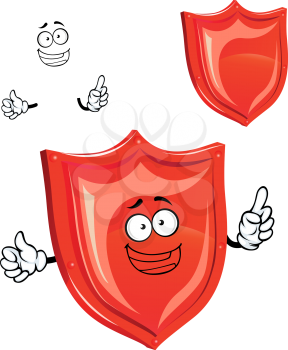 Happy red shield cartoon character with glossy protective surface and edges,  for web security or protection concept