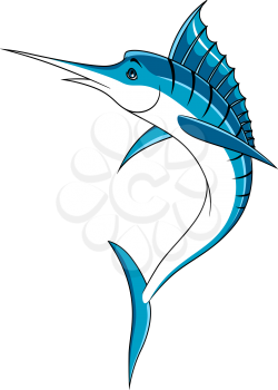 Jumping atlantic blue marlin fish in cartoon style with long bill, blue dorsal fin and spine with black stripes for fishing or seafood design