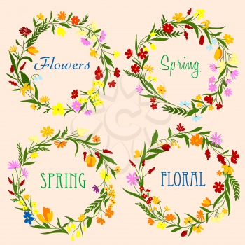 Delicate spring floral wreaths with colorful field flowers, blooming herbs and grass on peach background. For greeting card or floral frame border design