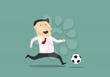 Cartoon businessman football player running with the ball on th field