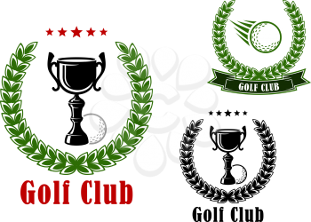 Golf club heraldic emblems with trophy cups, golf balls, laurel wreaths with ribbon banner and stars. For sporting design