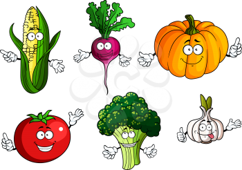 Fresh tomato, pumpkin, broccoli, ear of corn, radish and garlic vegetables cartoon characters with funny faces isolated on white background, for agriculture or natural food design