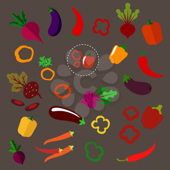 Colorful fresh beets with lush haulms, chili peppers, eggplants, sliced and whole red, orange, yellow bell peppers vegetables in flat style,  for agriculture or natural food design