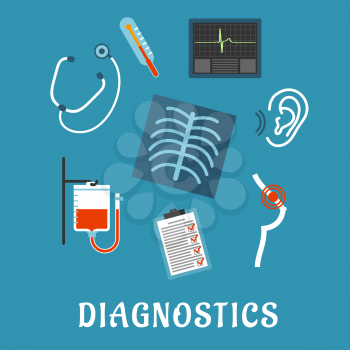 Medical diagnostics flat icons with chest x-ray, thermometer, blood test, stethoscope, hearing test, ecg, breast cancer test and clipboard with monitoring results on blue background for health care co