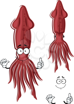 Funny red squid cartoon seafood character with a big distinct head, swimming fins on both sides and wavy tentacles