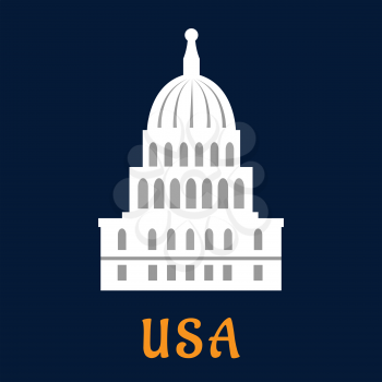 United States Capitol concept in flat style depicting building of US congress in Washington DC on dark blue background with caption USA for travel or government design