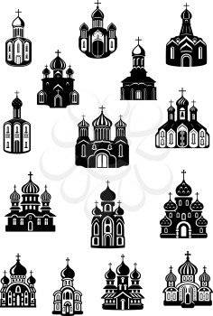 Temple, church fane and shrine icons with facades of catholic or orthodox religion domed buildings with crosses on the tops, for cultural or religious concept