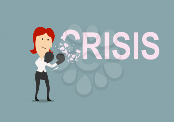 Successful businesswoman beats the crisis with boxing gloves. Cartoon style, for crisis management concept design