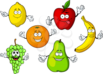 Juicy fresh cartoon apple, lemon, orange, banana, grape bunch and pear fruits characters with cute smiling faces, isolated on white background, for agriculture or vegetarian food design