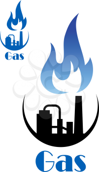 Factory pipes icon with blue flame of blue natural gas and wih storage tanks, for industrial or mining concept design