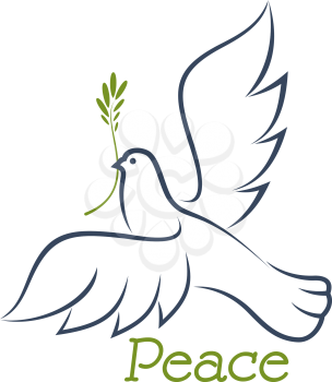 White dove of peace flying with green olive branch in beak, outline sketch style