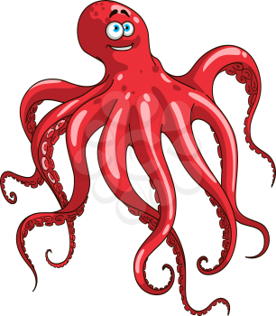 Happy red octopus animal cartoon character waving by long tentacles with numerous suckers isolated on white background.  For mascot, wildlife or seafood design