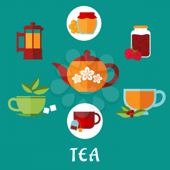 Flat tea icons with jars, honey and raspberry jam, french press, various teacups with tea bag, sugar cubes, fresh leaves of mint and cowberry with porcelain tea pot