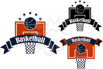 Basketball symbols in blue and orange colors depicting basketball backboards with baskets and balls, decorated by ribbon banners and stars, for sports design