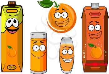 Happy orange juice cartoon characters with sunny orange fruit, glasses and cardboard packs of natural orange juice. Isolated on white background for food pack design