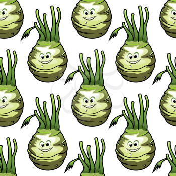 Seamless pattern of fresh kohlrabi vegetable cartoon characters with sappy green leaves on white background